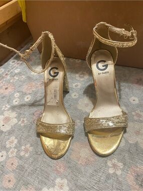 G by Guess Gold Sequin Ankle-Strap Block Heels
